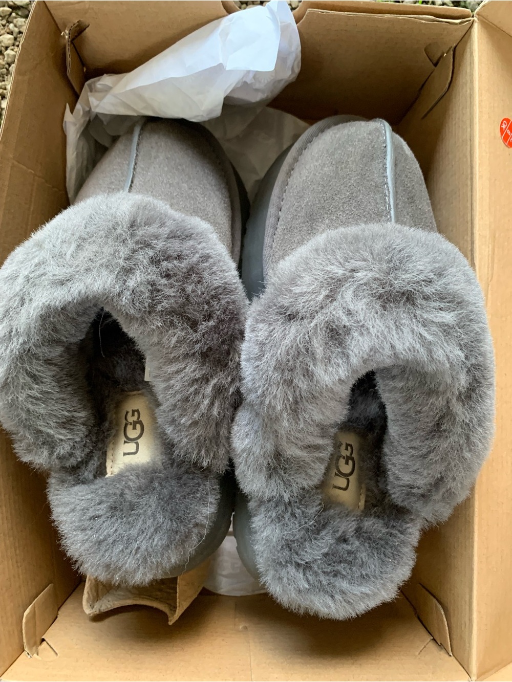 UGG Gray Suede Shearling Cuff Slip-Ons